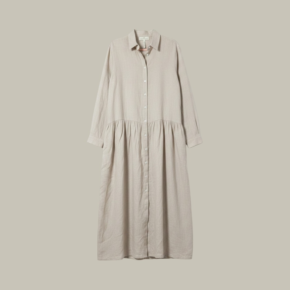 Crown Linen Designs 100% Linen Long Shirt Dress L Beige Button Front Lagenlook